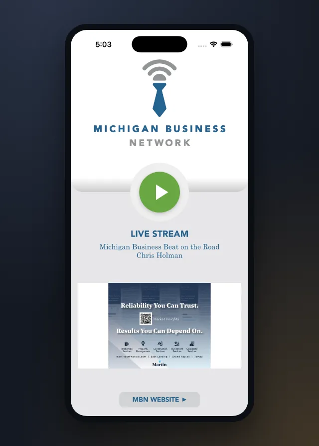MBN Live home screen on an iPhone simulator with the play button, the current show and a sponsor ad