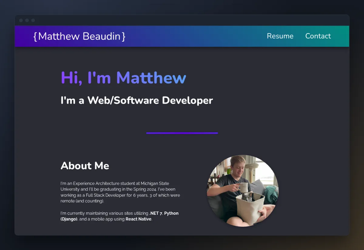 Home page of my old portfolio with the hero and About Me section