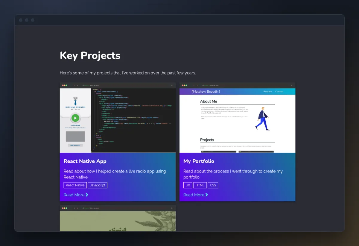 Key Projects grid with a card for each case study