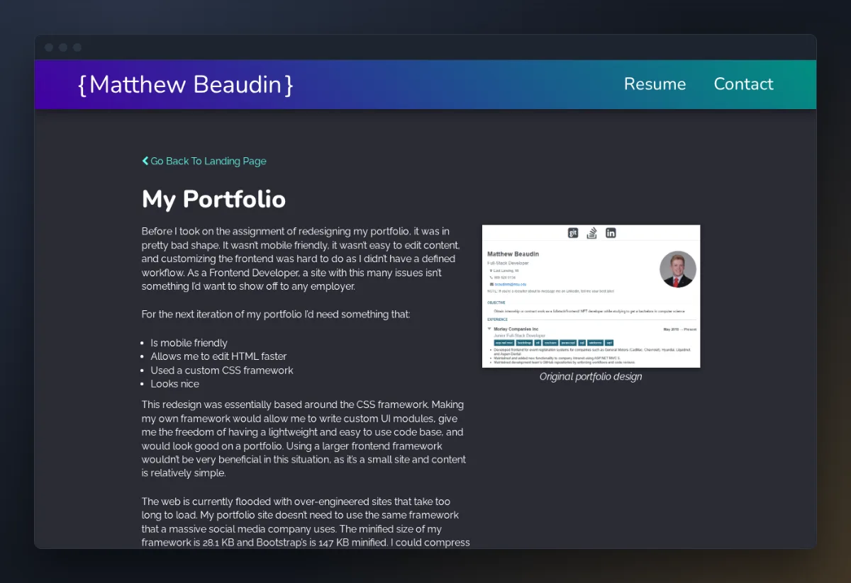 The My Portfolio case study page on the old site